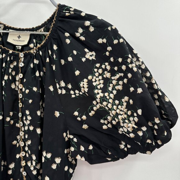 Tuckernuck Black Tossed Floral Mimi Midi Dress XS 100% Cotton A-Line Puff Sleeve - Picture 6 of 11
